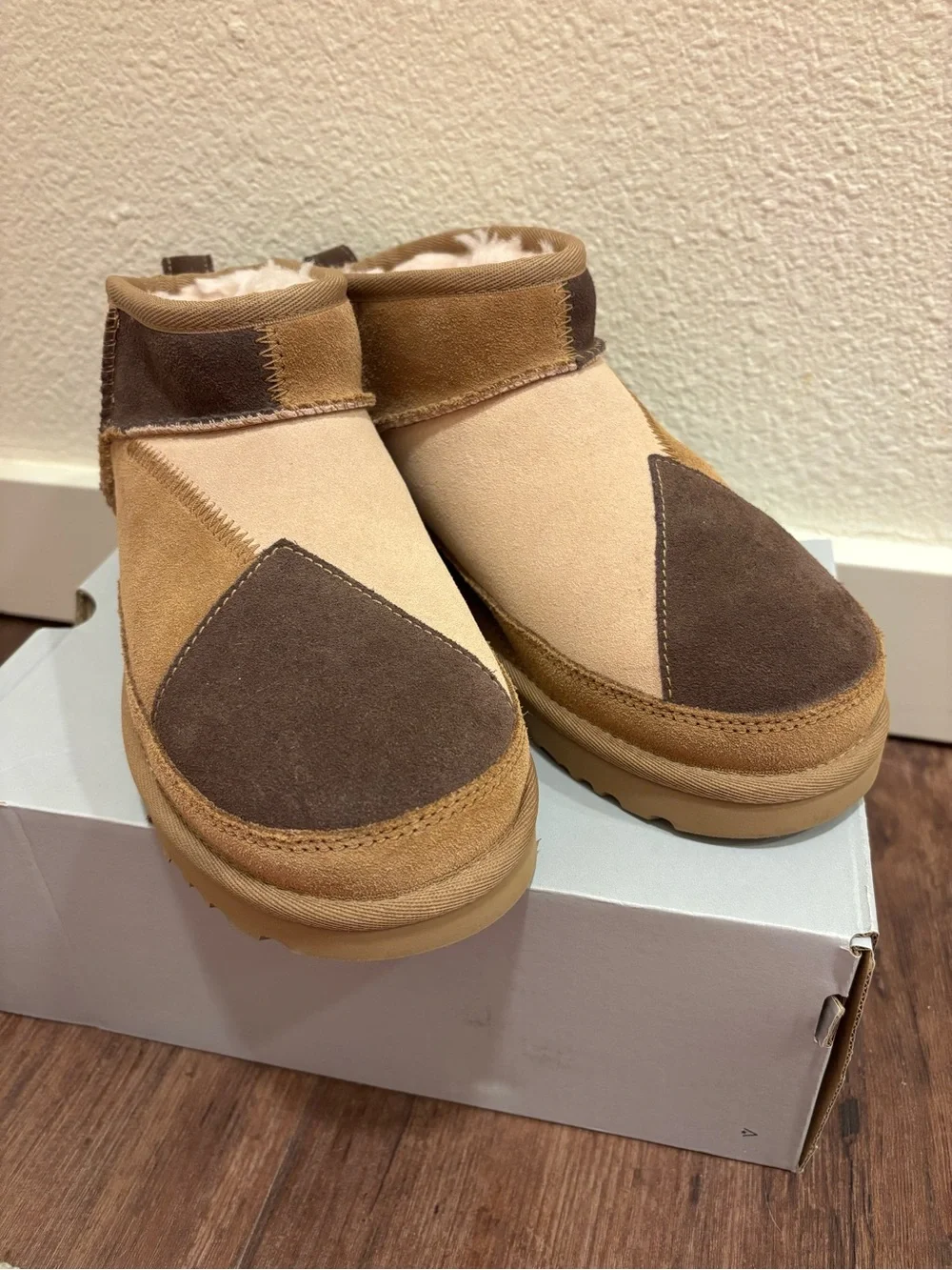 UGG Kids Patchwork Suede Slip-On Booties in Brown and Tan